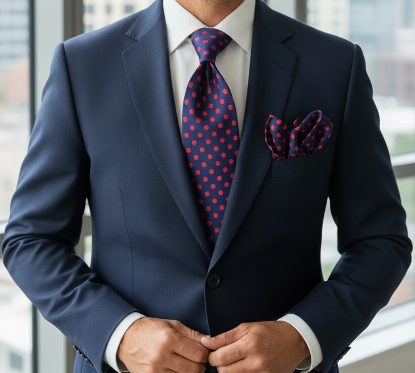 SUITCAFE Silk Twill Navy Red Polka Dots Tie England