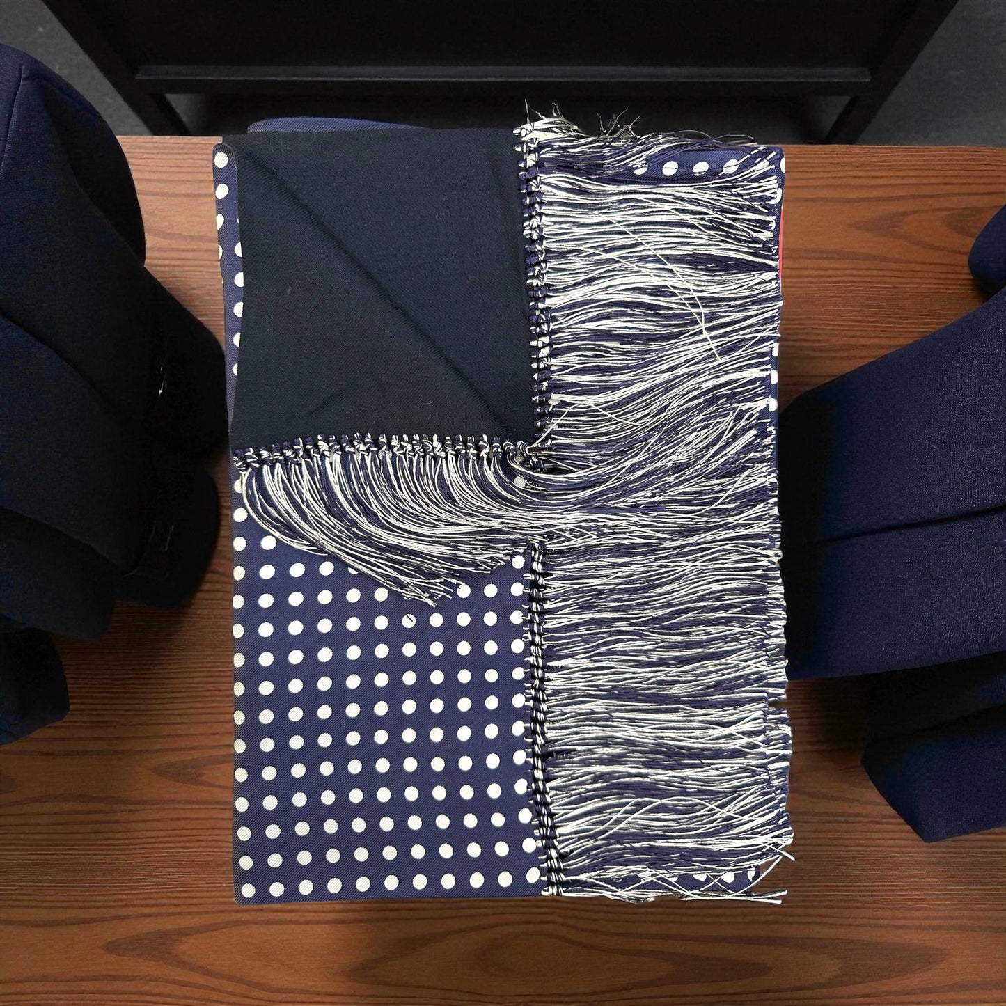 SUITCAFE Pure Silk Twill Double Sided Scarf Navy White Dots Merino Reversible Scarf England