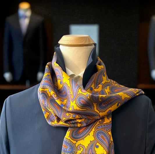 SUITCAFE Pure Silk Twill Double Sided Mustard French Blue Olive Hand Knotted Fringes Scarf England