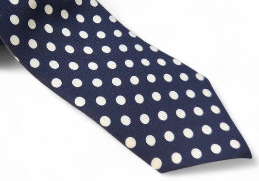 SUITCAFE Silk Twill Navy White Polka Dot Tie England
