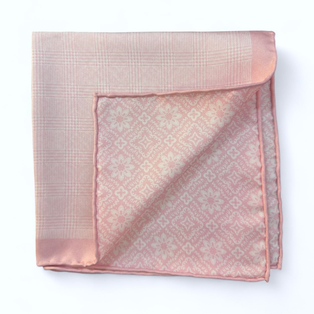 SUITCAFE Silk Twill Pocket Square Rose Pink Plaid Reversible Geometric Floral Hand Rolled Edges England