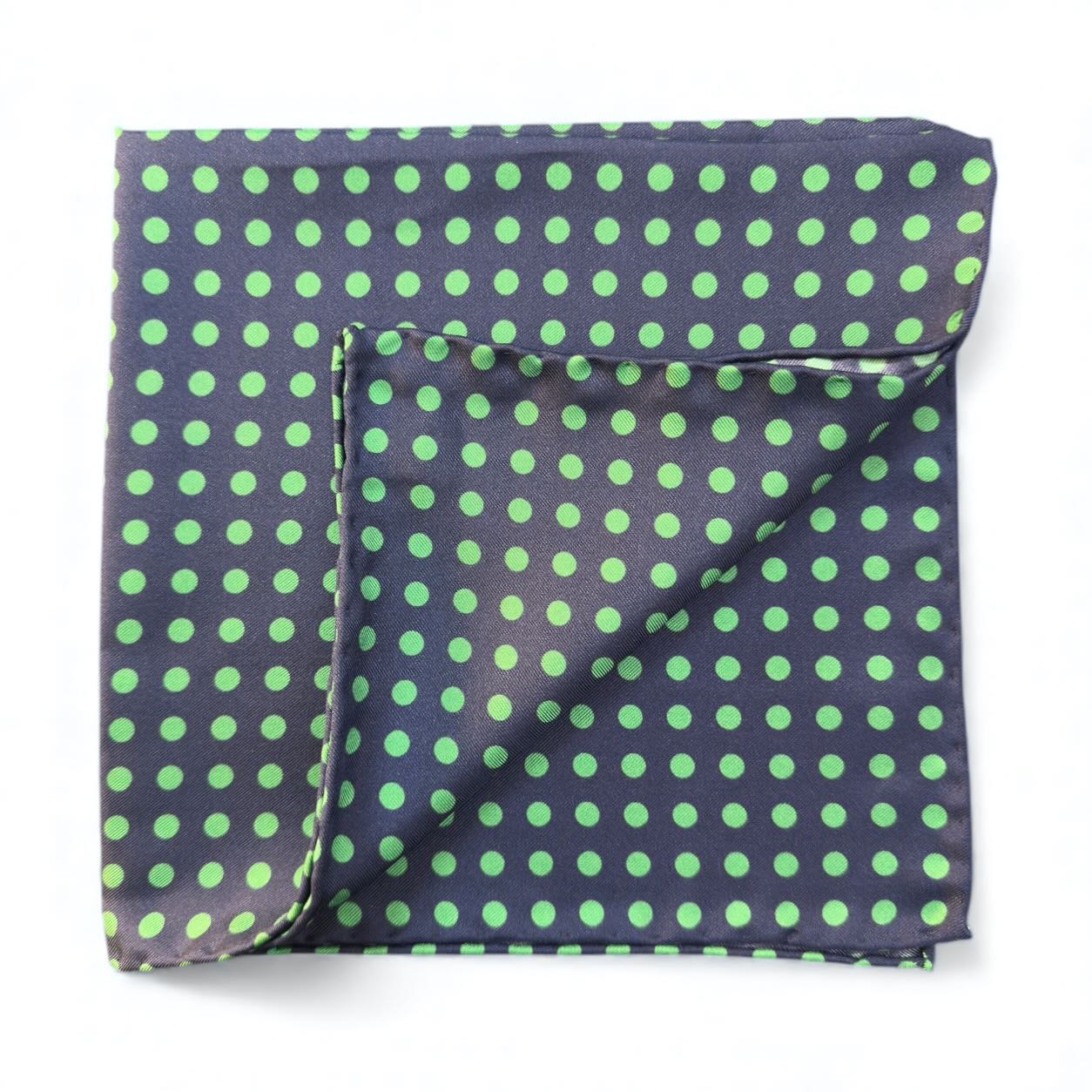 SUITCAFE Silk Twill Navy Green Dots Pocket Square England