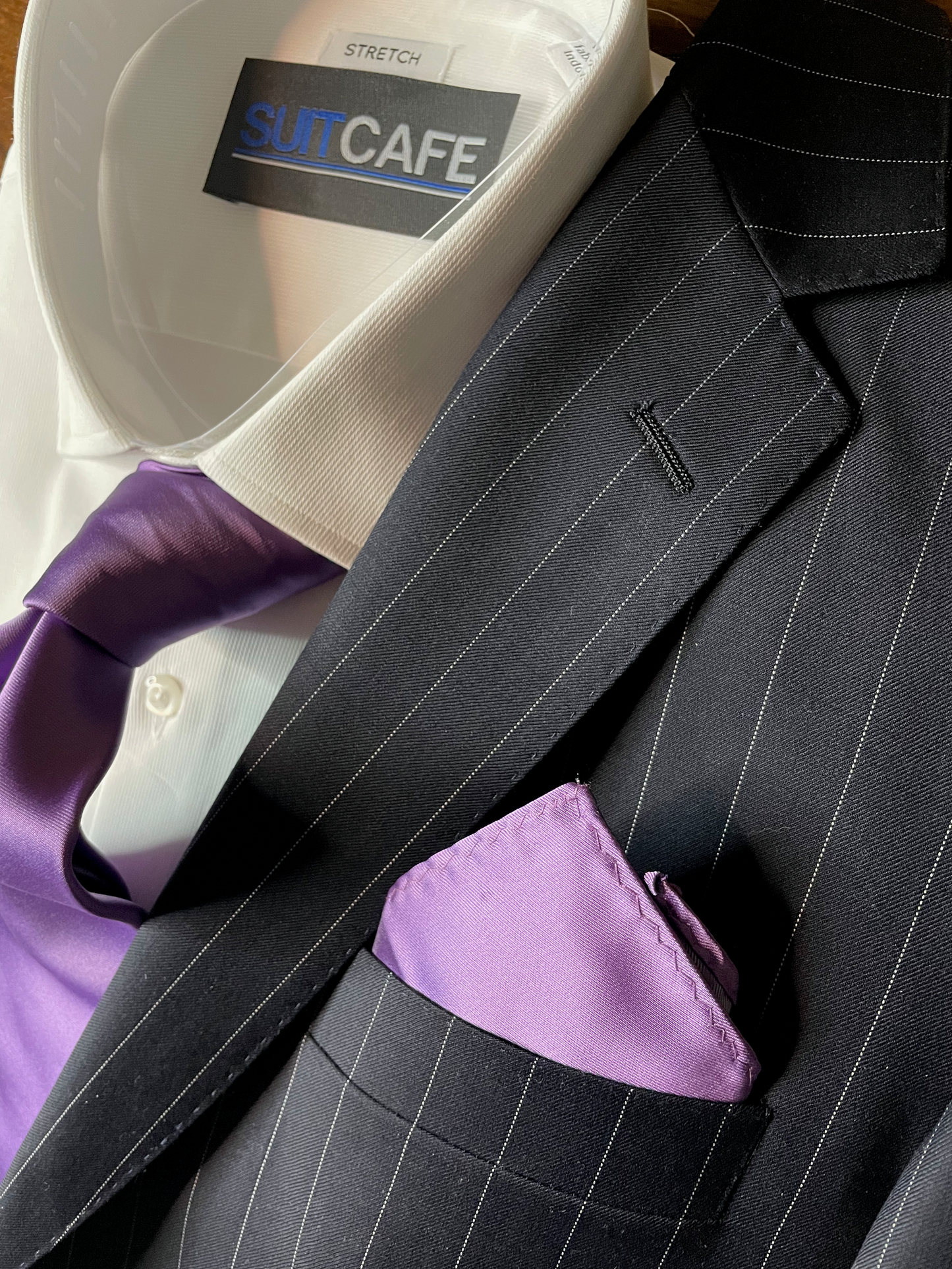 SUITCAFE Navy Blue Pinstripe Men's Suit Super 150s Wool