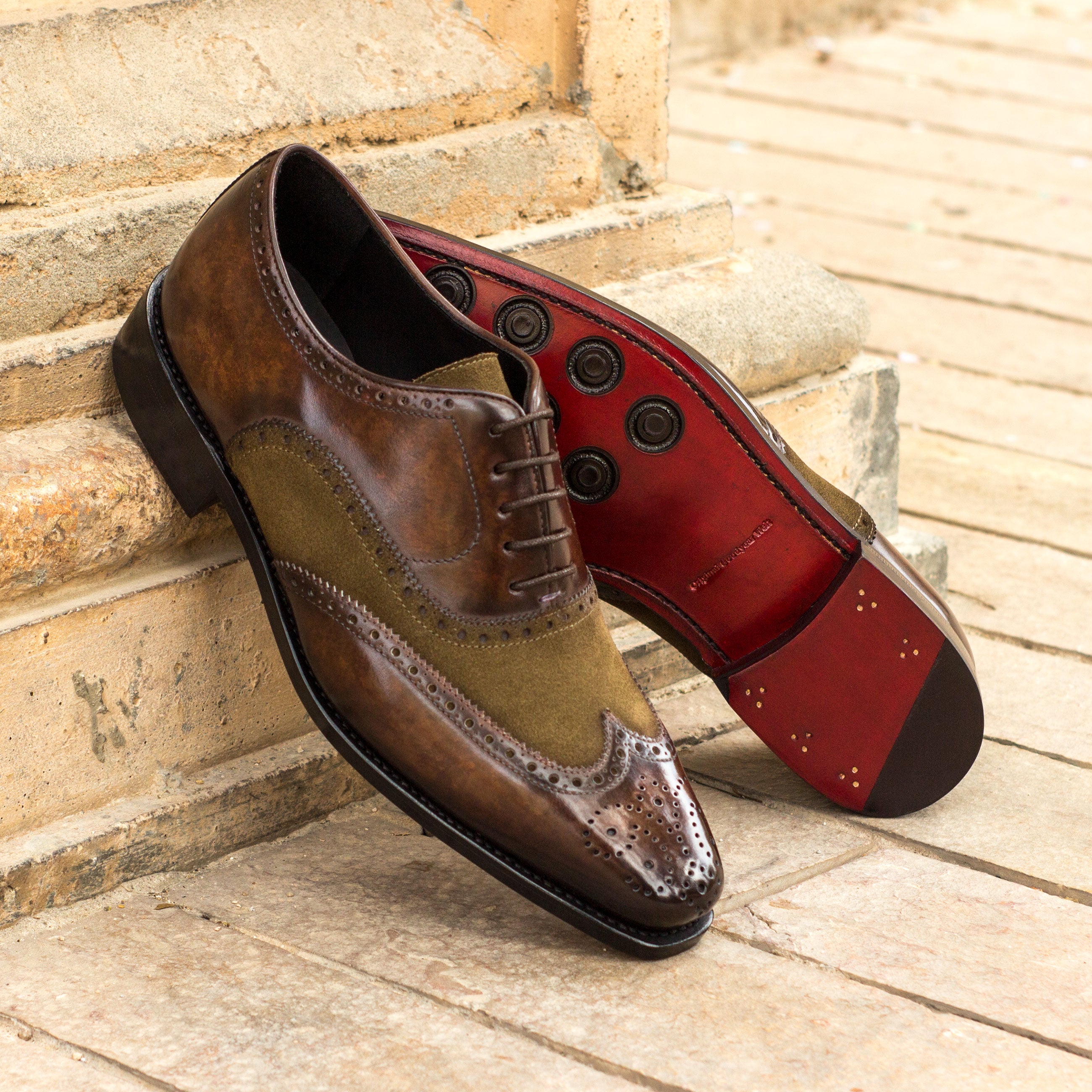 SUITCAFE Full Brogue Cognac and Green Leather Patina Red Sole Men's Shoe 6
