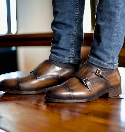 SUITCAFE Double Monk Strap Brown Patina Goodyear Welted Calf Shoe