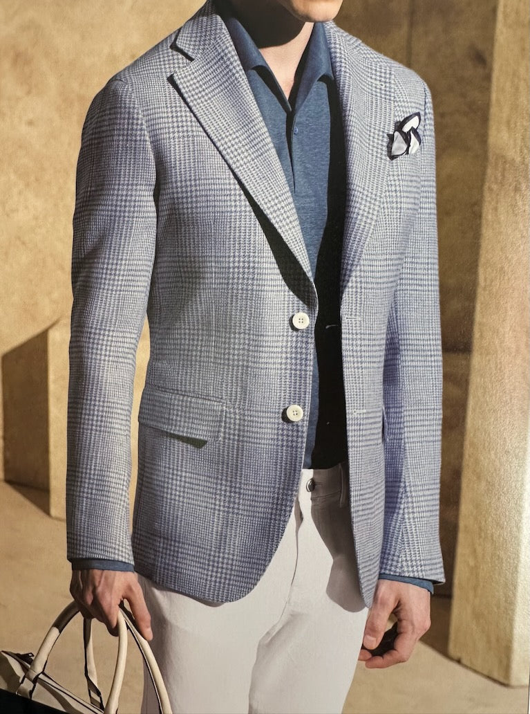 SUITCAFE Baby Blue Plaid Linen Cotton Jacket Italy