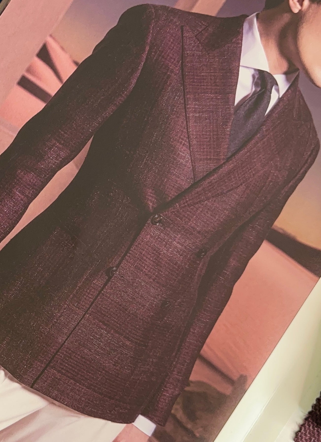 SUITCAFE Wool Silk Linen Bordeaux and Charcoal Plaid Jacket