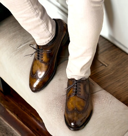 SUITCAFE Longwing Blucher Tobacco Patina Leather Wing Tip Shoe