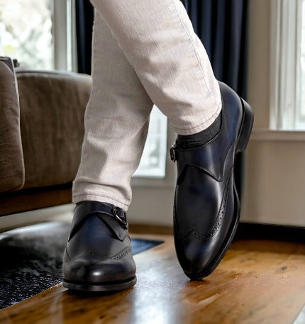 SUITCAFE Monk Strap Goodyear Welted Navy Calf Shoe