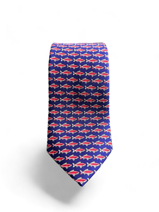 SUITCAFE Navy Silk Twill Tie Pink Sharks Geometric