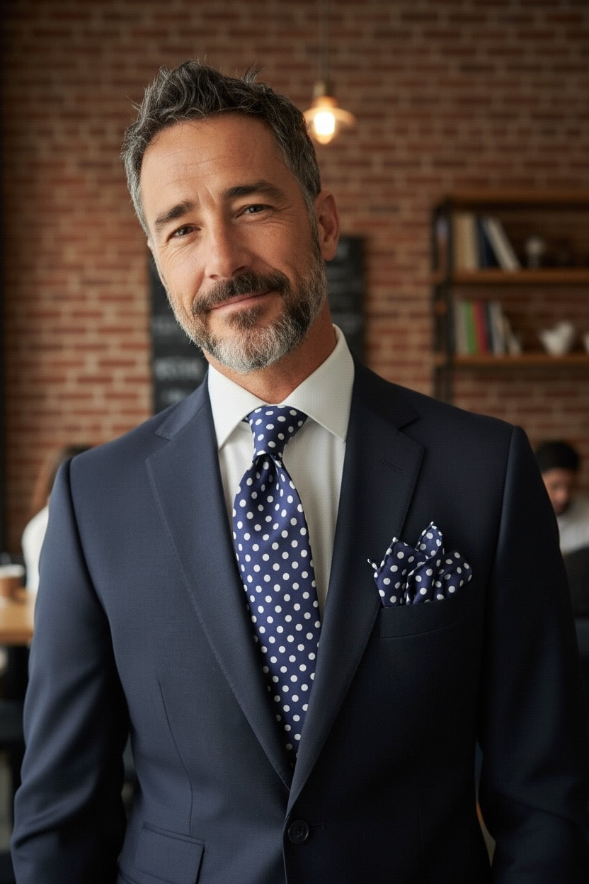 SUITCAFE Silk Twill Navy White Polka Dots Tie Set England