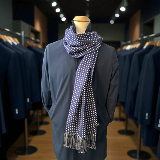 SUITCAFE Pure Silk Twill Double Sided Scarf Navy White Dots Merino Reversible Scarf England