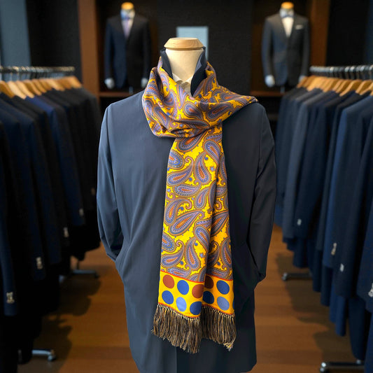 SUITCAFE Pure Silk Twill Double Sided Mustard French Blue Olive Hand Knotted Fringes Scarf England