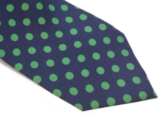 SUITCAFE Silk Twill Pine Green Polka Dots On Navy Tie England