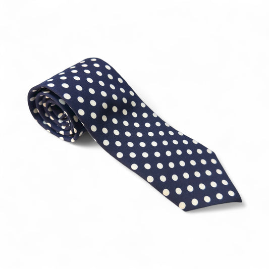 SUITCAFE Silk Twill Navy White Polka Dot Tie England
