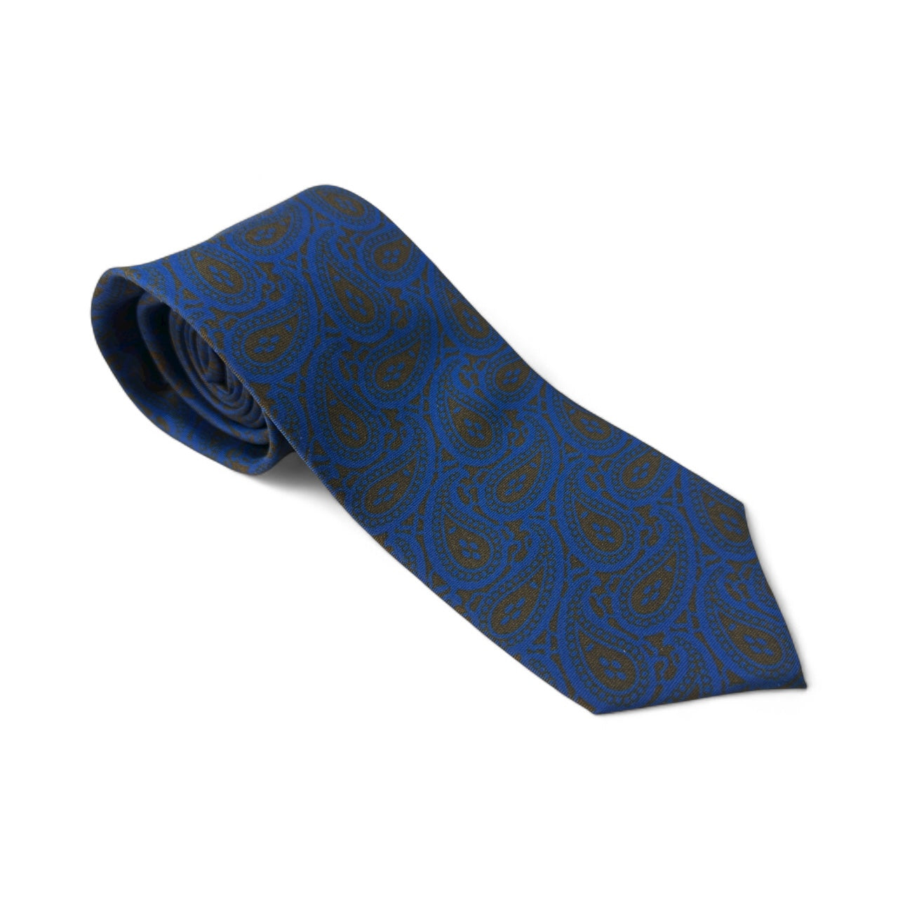 SUITCAFE Silk Twill Dark French Blue Chocolate Paisley Tie England