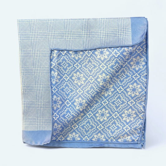 SUITCAFE Silk Twill Pocket Square Sky Blue Plaid Reversible Geometric Floral Hand Rolled Edges England
