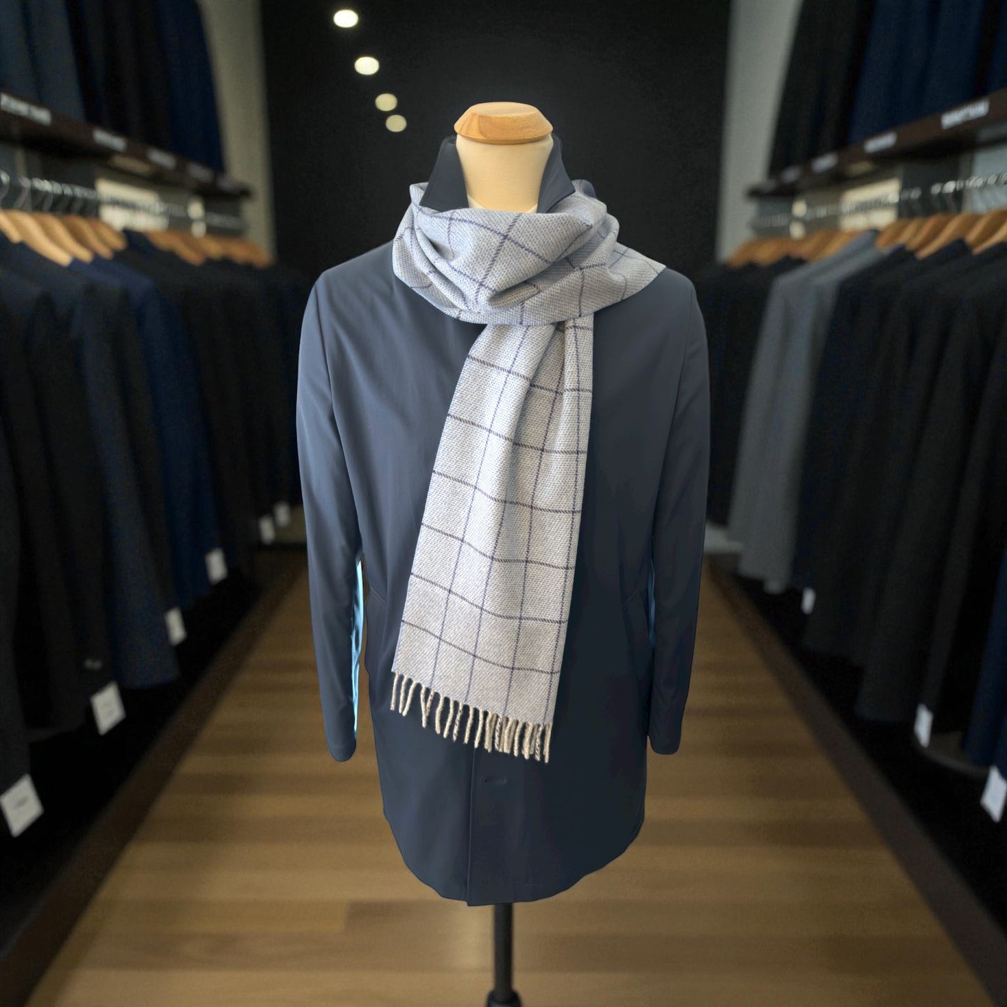 SUITCAFE Wool Cashmere Sky Blue Windowpane Scarf England