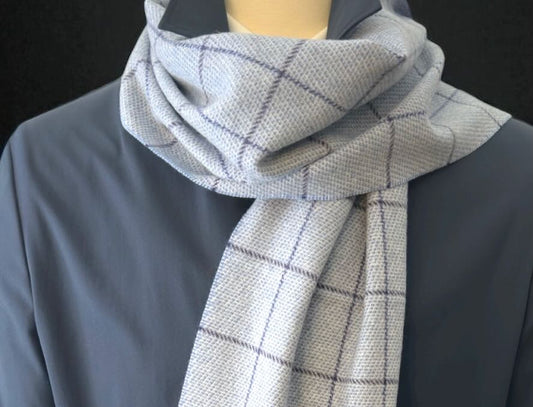 SUITCAFE Wool Cashmere Sky Blue Windowpane Scarf England