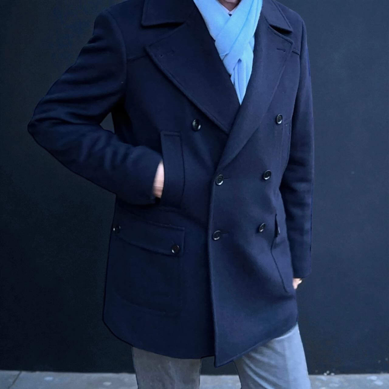 SUITCAFE Cashmere Wool Navy Pea Coat Italy