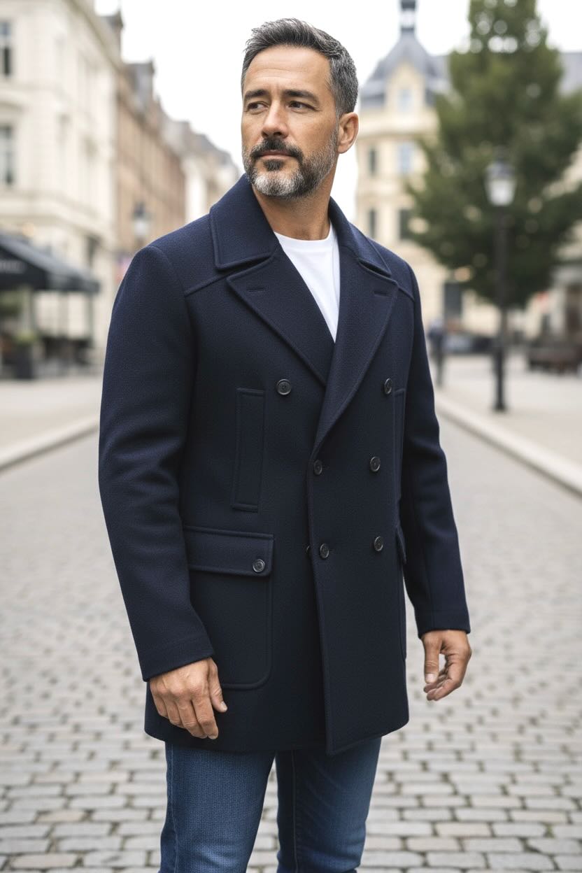 SUITCAFE Cashmere Wool Navy Pea Coat Italy