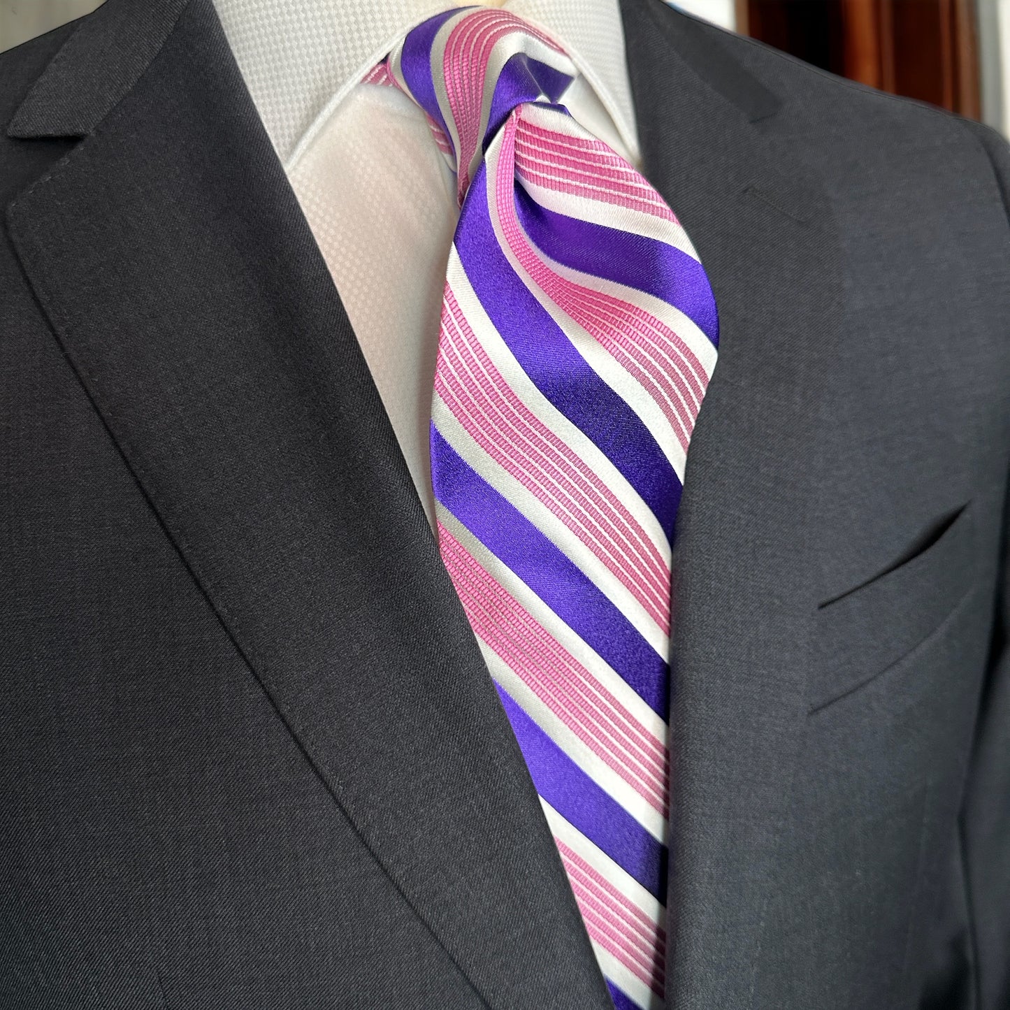 SUITCAFE Silk Tie Purple & White Stripe with Pink Narrow Bands