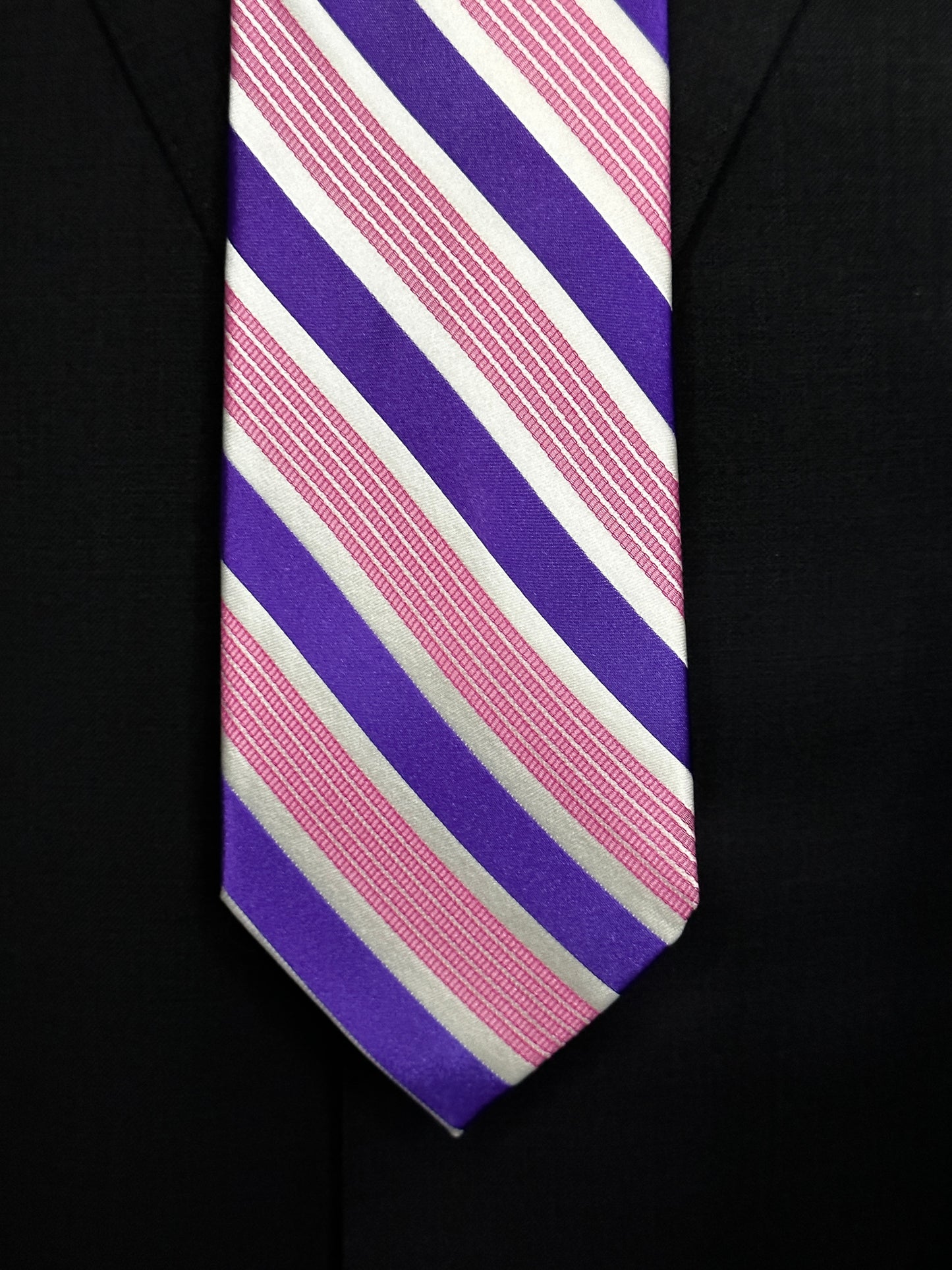 SUITCAFE Silk Tie Purple & White Stripe with Pink Narrow Bands