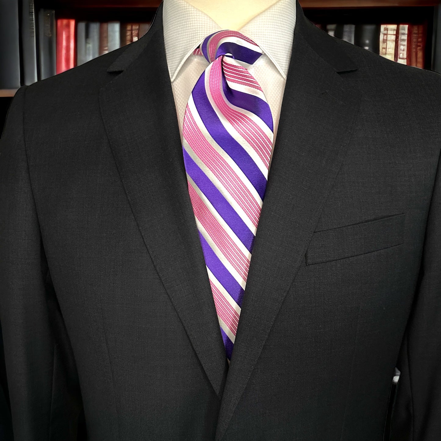 SUITCAFE Silk Tie Purple & White Stripe with Pink Narrow Bands