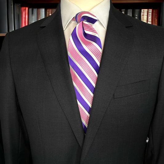 SUITCAFE Silk Tie Purple & White Stripe with Pink Narrow Bands