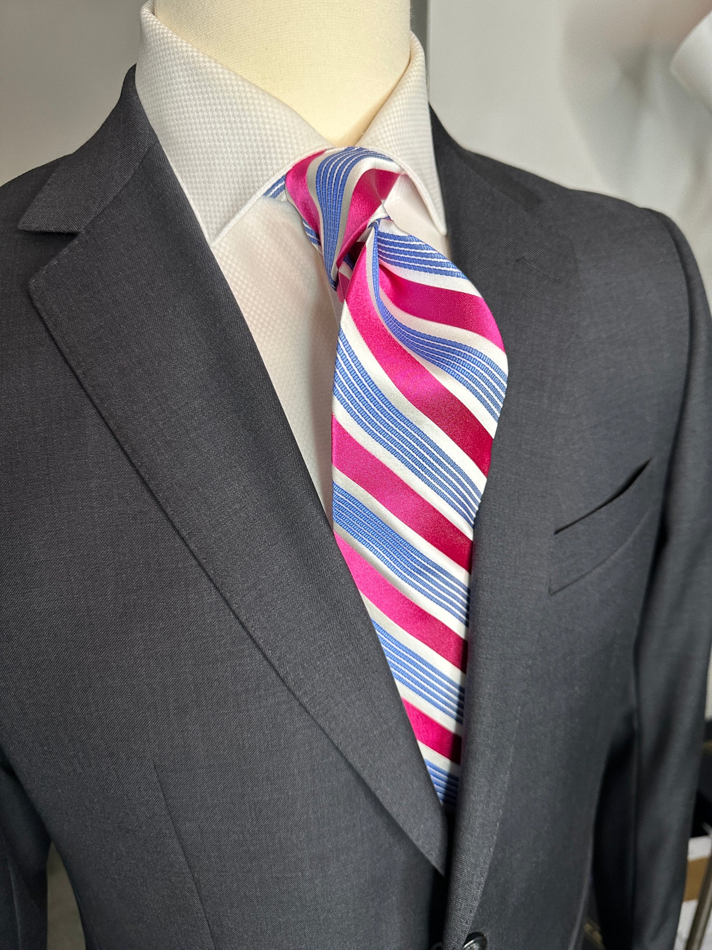 SUITCAFE Silk Tie Raspberry & White Stripe with Blue Narrow Bands
