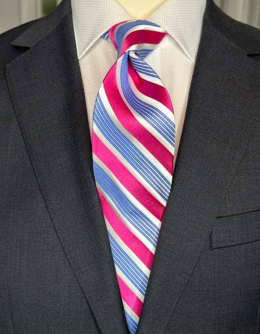 SUITCAFE Silk Tie Raspberry & White Stripe with Blue Narrow Bands