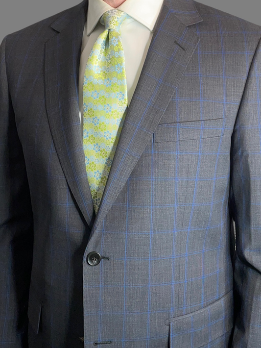 charcoal grey plaid men's suit with royal blue windowpane.  suitcafe bespoke menswear