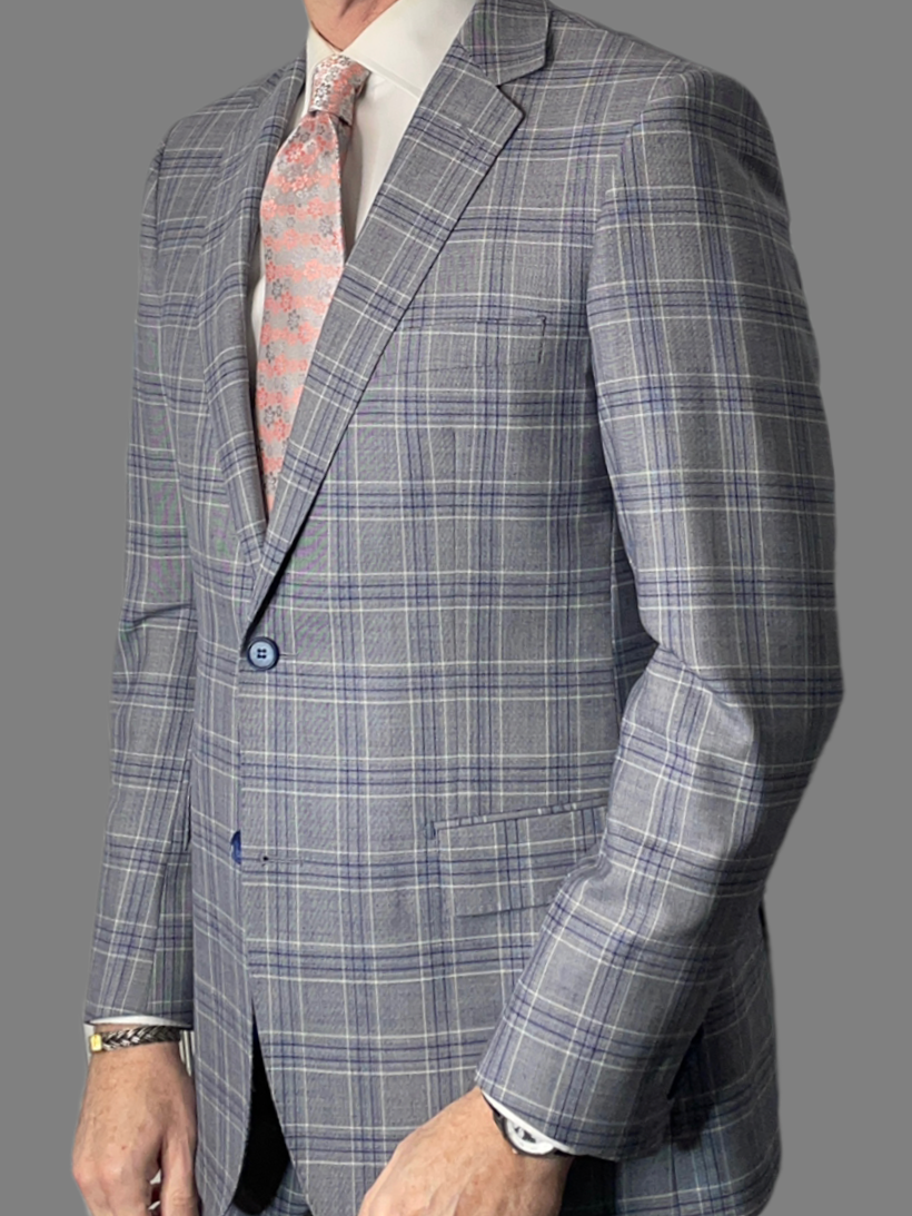 chalk grey plaid men's suit with navy blue white plaid.  suitcafe bespoke menswear