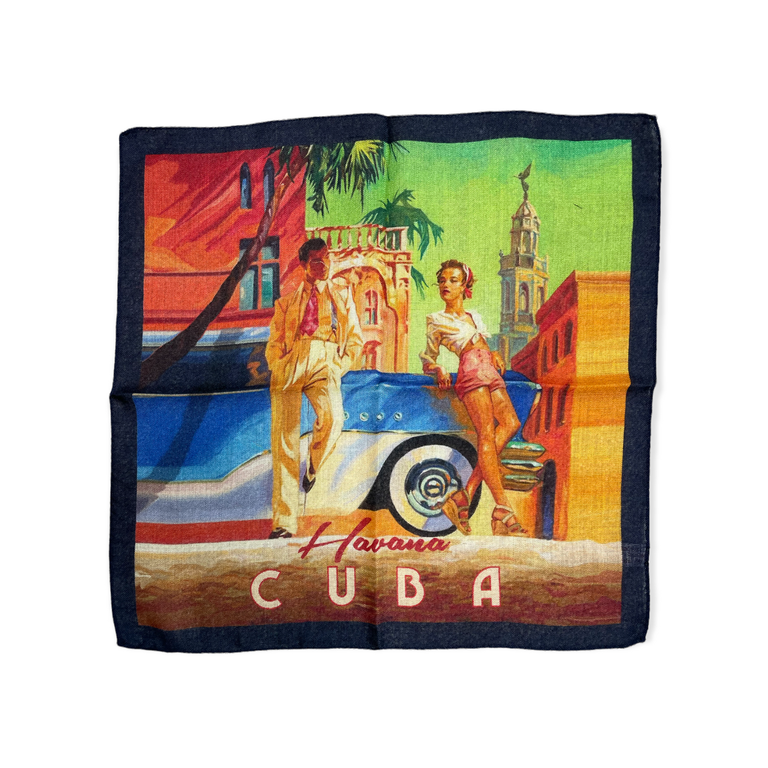 New designs in beautiful and colorful pocket square for your new sport jacket or suit. Adding color and casualness to any outfit these pocket squares depict different exotic cities across the world. Here we have Havana, Cuba through the eyes of artist Kai Carpenter in the heyday of luxury hotels, gambling casinos and white sand beaches. Hand rolled edge. Made in Italy. 14 x14 inches.