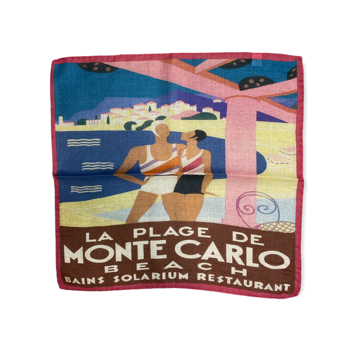 New designs in beautiful and colorful handkerchief for your new sport jacket or suit. Adding color and casualness to any outfit these pocket squares depict different exotic cities across the world. Here we have La Plage De Monte Carlo Beach in France. A depiction from the original 1929 Michael Bouchaud Art Deco style poster in cubism form. Picturing the nostalgia of white sand beaches of the rich and famous. Hand rolled edge. Made in Italy. 14 x14 inches.