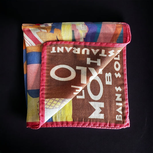 New designs in beautiful and colorful handkerchief for your new sport jacket or suit. Adding color and casualness to any outfit these pocket squares depict different exotic cities across the world. Here we have La Plage De Monte Carlo Beach in France. A depiction from the original 1929 Michael Bouchaud Art Deco style poster in cubism form. Picturing the nostalgia of white sand beaches of the rich and famous. Hand rolled edge. Made in Italy. 14 x14 inches.