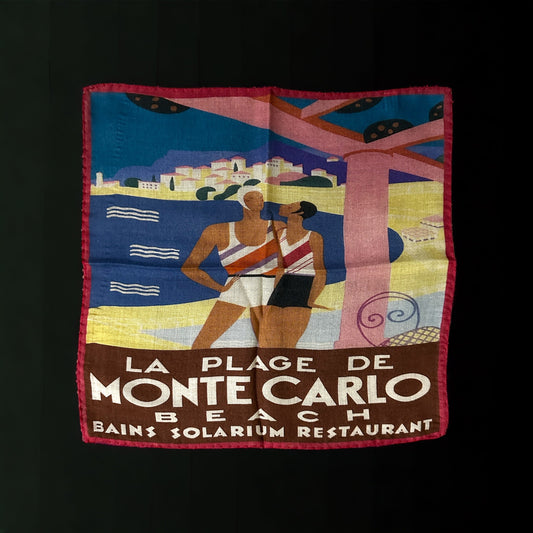 New designs in beautiful and colorful handkerchief for your new sport jacket or suit. Adding color and casualness to any outfit these pocket squares depict different exotic cities across the world. Here we have La Plage De Monte Carlo Beach in France. A depiction from the original 1929 Michael Bouchaud Art Deco style poster in cubism form. Picturing the nostalgia of white sand beaches of the rich and famous. Hand rolled edge. Made in Italy. 14 x14 inches.