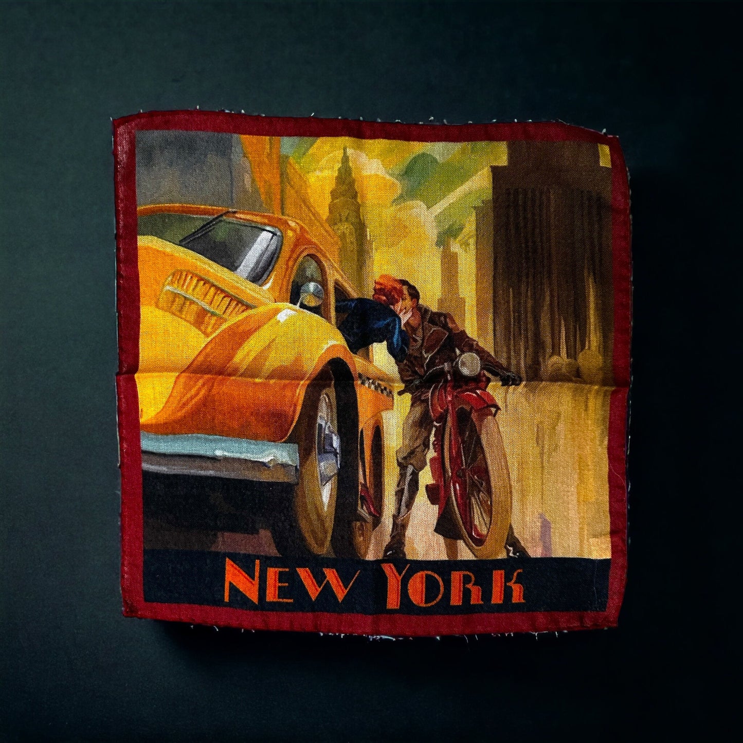 New designs in beautiful and colorful pocket square for your new sport jacket or suit. Adding color and casualness to any outfit these pocket squares depict different exotic cities across the world. Here we have vintage New York City through the eyes of artist Kai Carpenter. Hand rolled edge. Made in Italy. 14 x14 inches.