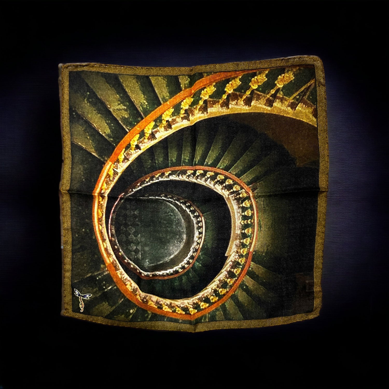 A beautiful representation in a silk pocket square of the spiral staircase located at the Vatican Museum in Rome, Italy. The spiral staircase is called the Bramante Staircase, and it was designed by Donato Bramante in 1505.