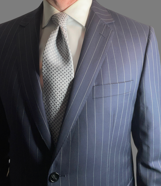 SUITCAFE Navy Blue Pinstripe Men's Suit Super 150s Wool