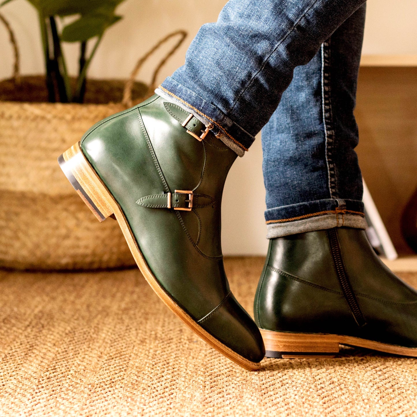 SUITCAFE FastLane Octavian Green Leather Goodyear Sole Men's Buckle Boot